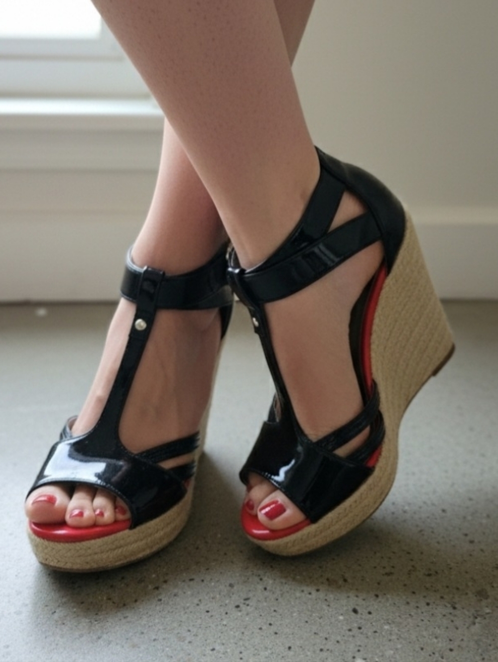 Guess Black Patent Wedge Sandals with Red Insole